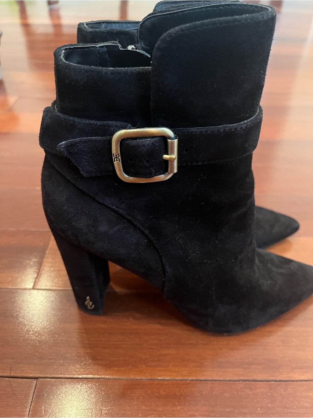 Sam Edelman Black Suede Pointed Ankle Booties with Buckle